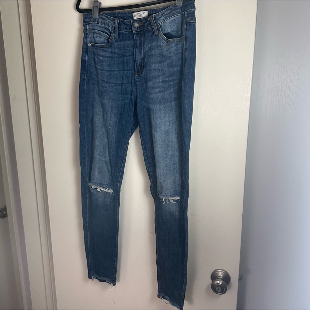 Judy Blue Cotton Darker Wash High Rise Distressed Knee RawHem Skinny Jeans 11/30